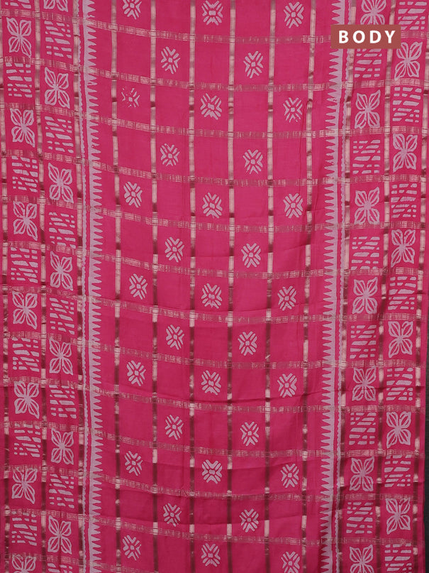 Semi chanderi saree peach pink and off white with allover zari checks & batik prints and batik printed border
