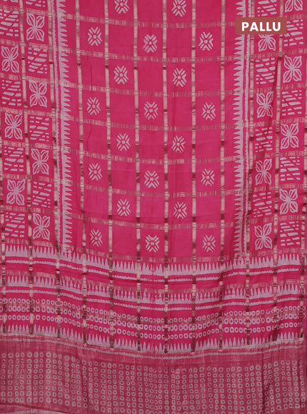 Semi chanderi saree peach pink and off white with allover zari checks & batik prints and batik printed border
