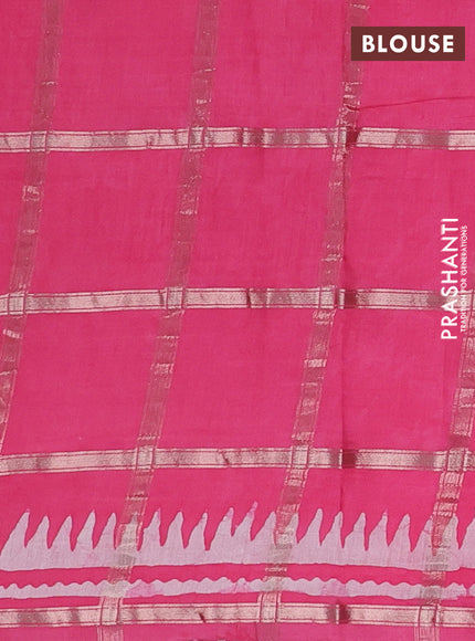 Semi chanderi saree peach pink and off white with allover zari checks & batik prints and batik printed border