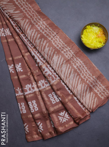 Semi chanderi saree pastel brown with allover zari checks & batik prints in borderless style