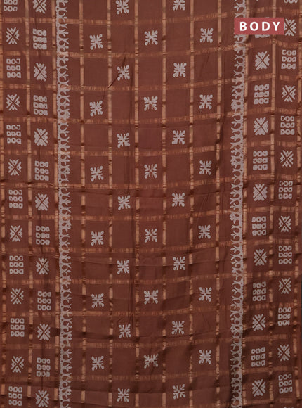 Semi chanderi saree pastel brown with allover zari checks & batik prints in borderless style