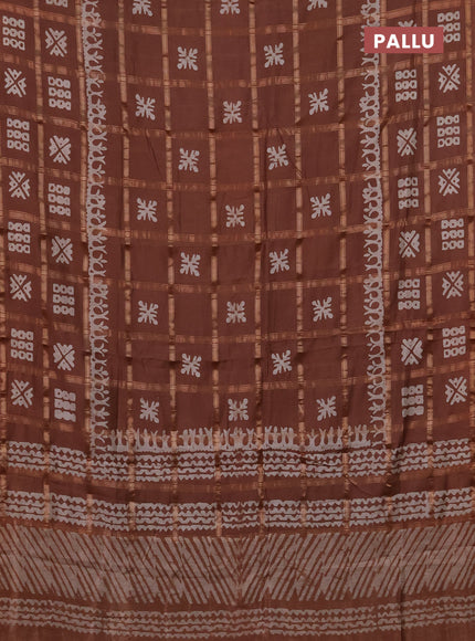 Semi chanderi saree pastel brown with allover zari checks & batik prints in borderless style