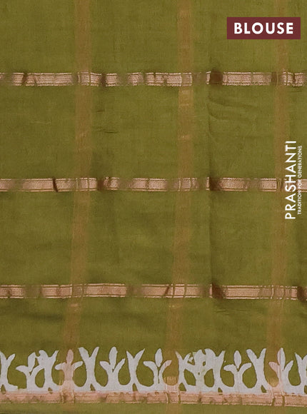 Semi chanderi saree olive green with allover zari checks & batik prints in borderless style
