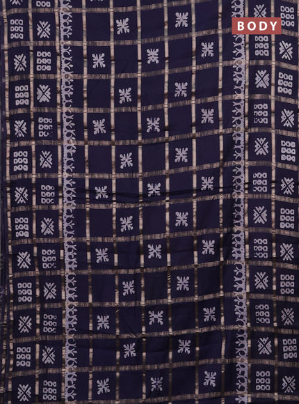 Semi chanderi saree navy blue with allover zari checks & batik prints in borderless style