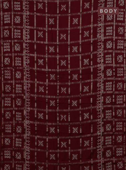 Semi chanderi saree maroon with allover zari checks & batik prints in borderless style