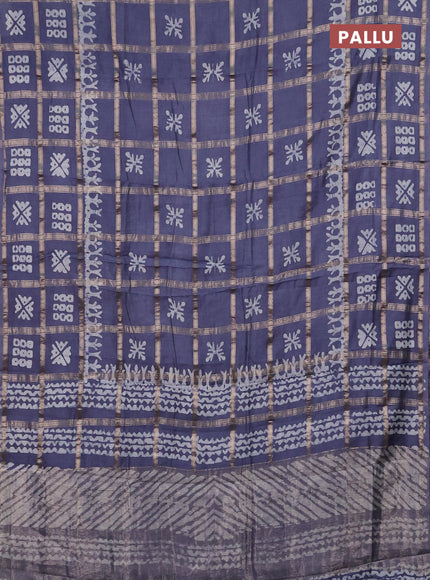 Semi chanderi saree grey with allover zari checks & batik prints in borderless style