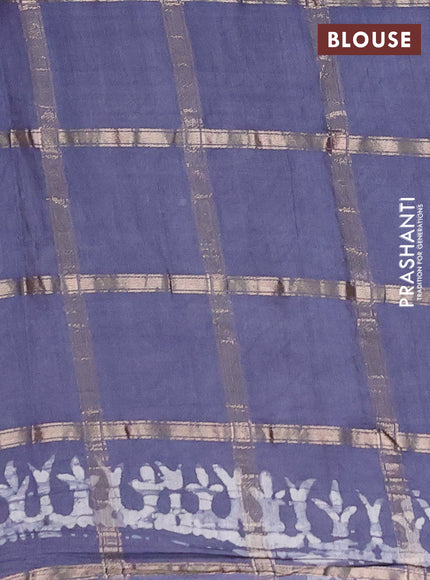 Semi chanderi saree grey with allover zari checks & batik prints in borderless style