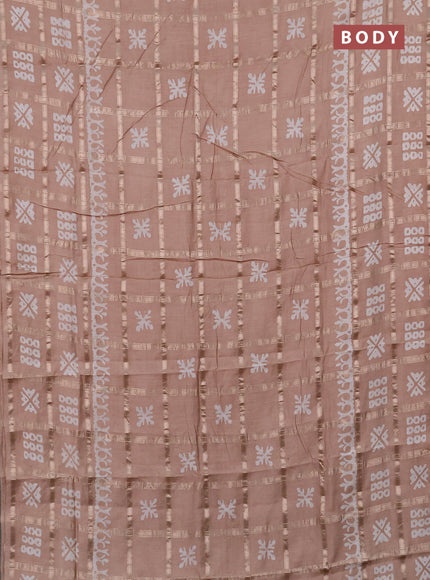 Semi chanderi saree beige with allover zari checks & batik prints in borderless style
