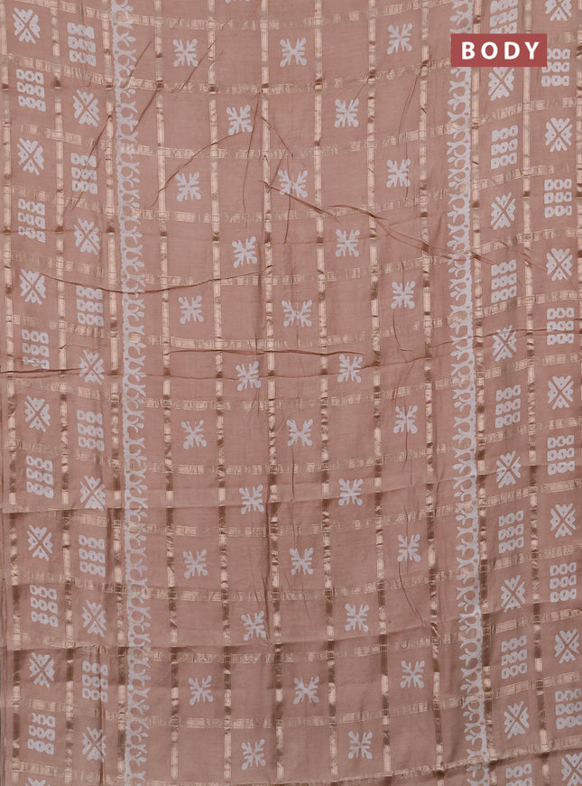 Semi chanderi saree beige with allover zari checks & batik prints in borderless style
