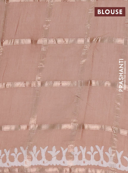 Semi chanderi saree beige with allover zari checks & batik prints in borderless style