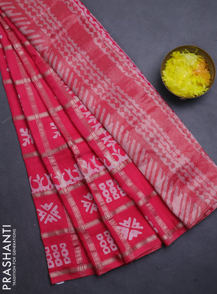 Semi chanderi saree peach pink with allover zari checks & batik prints in borderless style