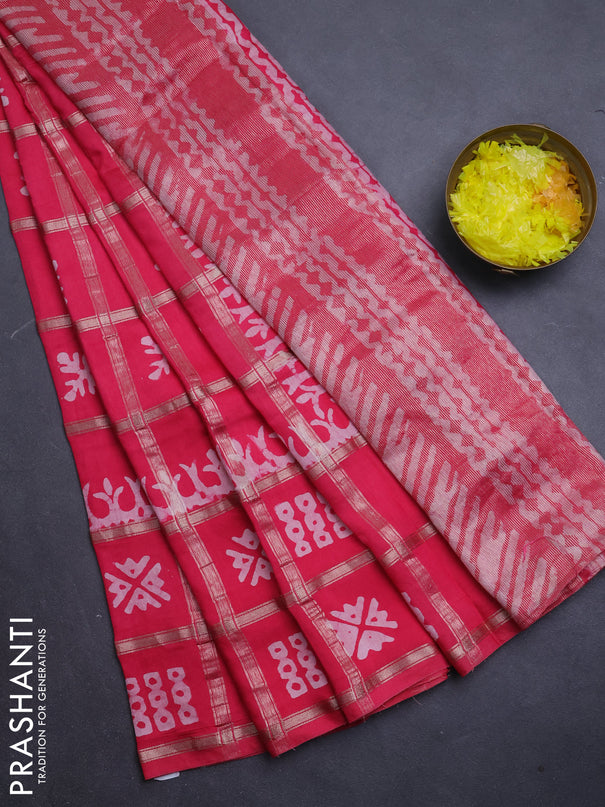 Semi chanderi saree peach pink with allover zari checks & batik prints in borderless style