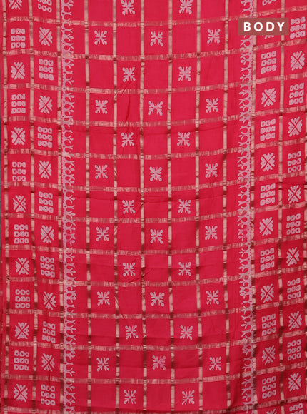 Semi chanderi saree peach pink with allover zari checks & batik prints in borderless style