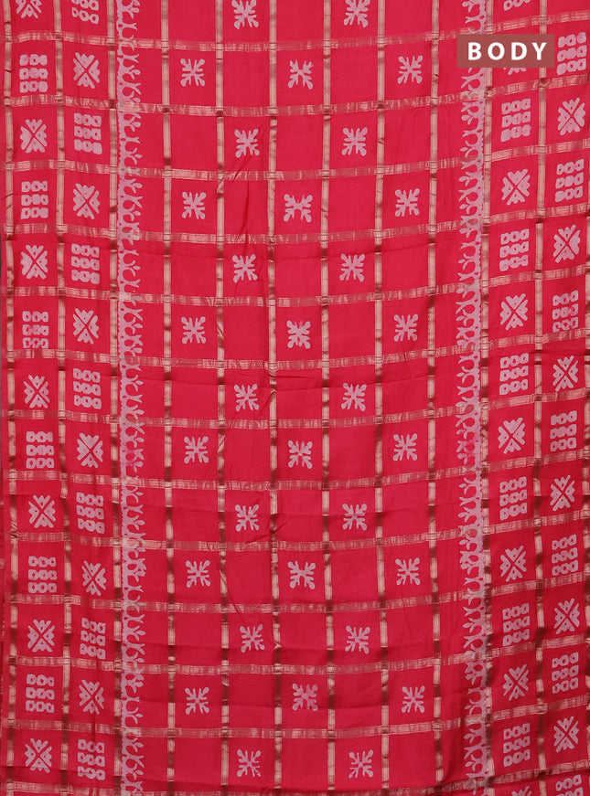 Semi chanderi saree peach pink with allover zari checks & batik prints in borderless style
