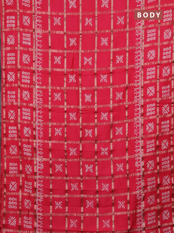 Semi chanderi saree peach pink with allover zari checks & batik prints in borderless style