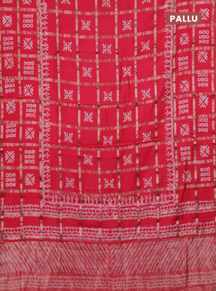 Semi chanderi saree peach pink with allover zari checks & batik prints in borderless style