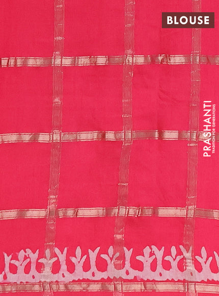 Semi chanderi saree peach pink with allover zari checks & batik prints in borderless style