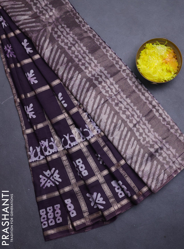 Semi chanderi saree deep jamun with allover zari checks & batik prints in borderless style
