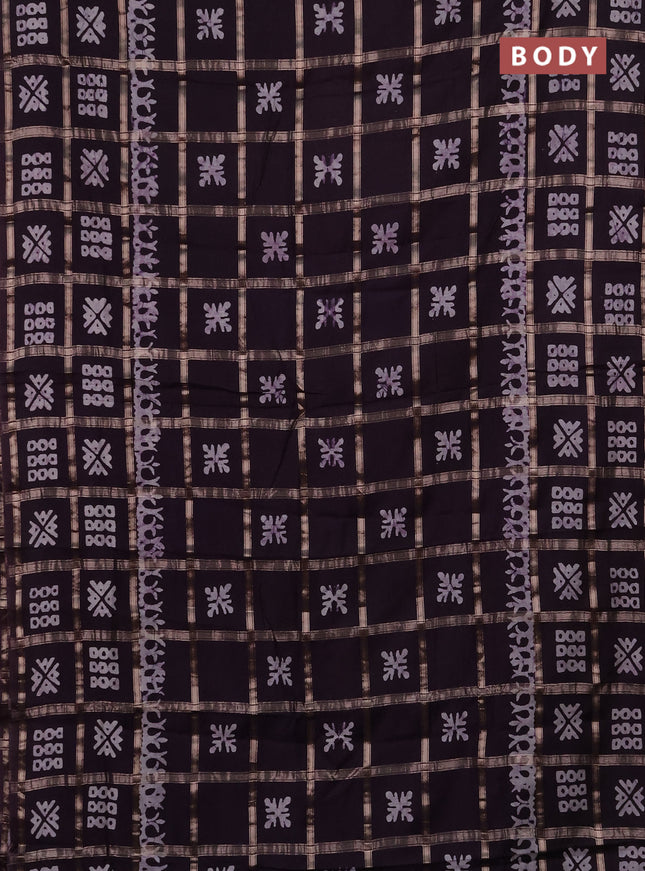 Semi chanderi saree deep jamun with allover zari checks & batik prints in borderless style