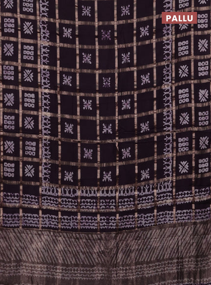 Semi chanderi saree deep jamun with allover zari checks & batik prints in borderless style