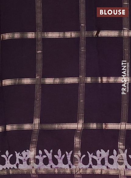 Semi chanderi saree deep jamun with allover zari checks & batik prints in borderless style
