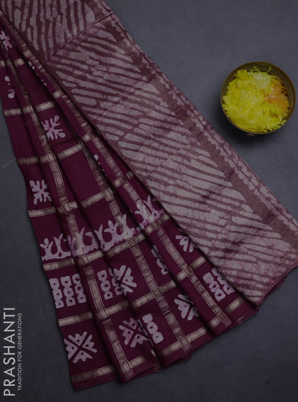 Semi chanderi saree wine shade with allover zari checks & batik prints in borderless style