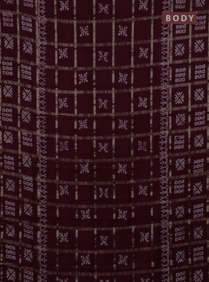 Semi chanderi saree wine shade with allover zari checks & batik prints in borderless style
