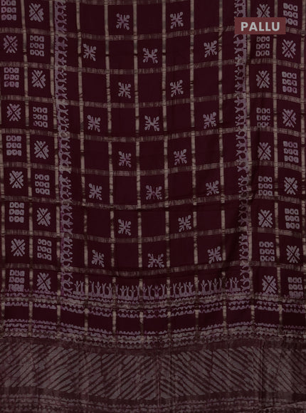Semi chanderi saree wine shade with allover zari checks & batik prints in borderless style