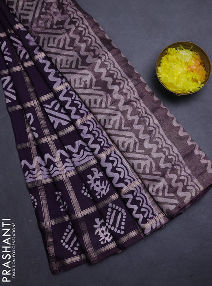 Semi chanderi saree jamun with allover zari checks & batik prints in borderless style
