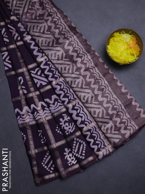 Semi chanderi saree jamun with allover zari checks & batik prints in borderless style