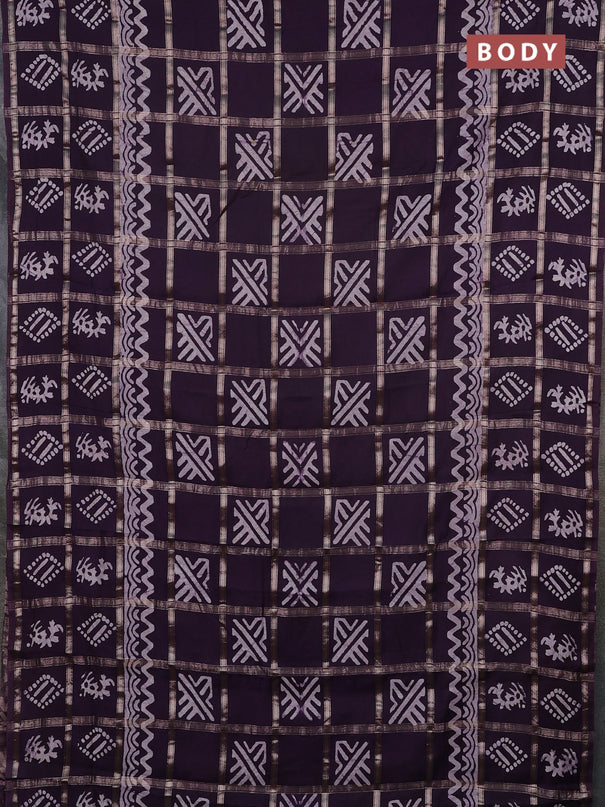 Semi chanderi saree jamun with allover zari checks & batik prints in borderless style