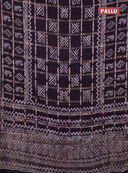 Semi chanderi saree jamun with allover zari checks & batik prints in borderless style