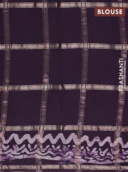 Semi chanderi saree jamun with allover zari checks & batik prints in borderless style