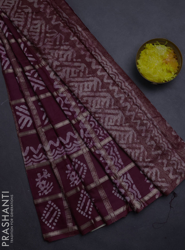 Semi chanderi saree wine shade with allover zari checks & batik prints in borderless style