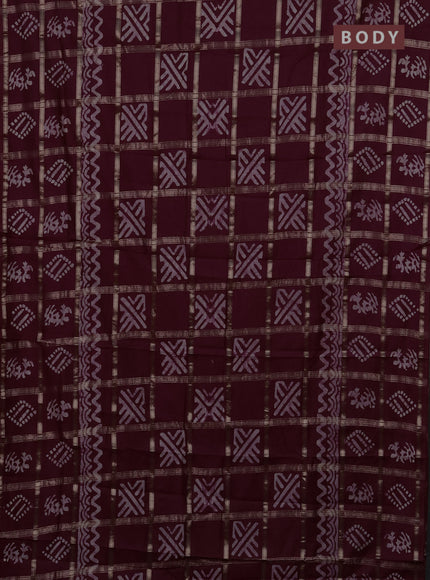 Semi chanderi saree wine shade with allover zari checks & batik prints in borderless style