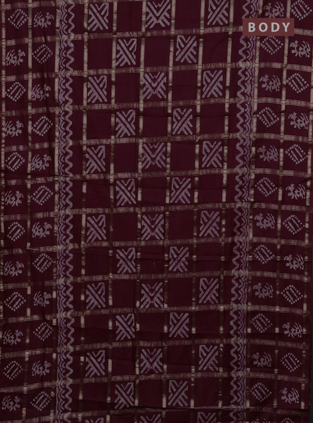 Semi chanderi saree wine shade with allover zari checks & batik prints in borderless style