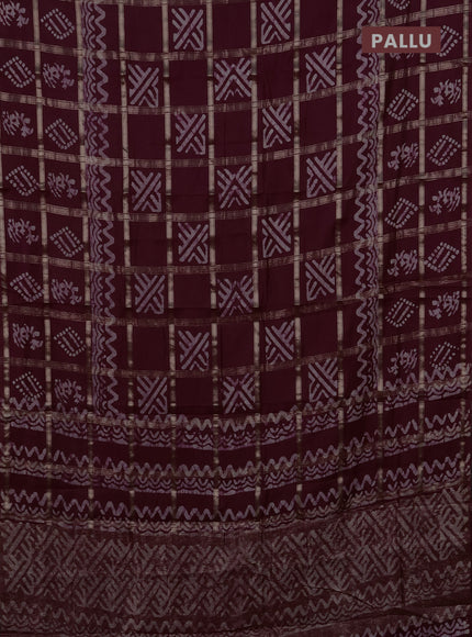 Semi chanderi saree wine shade with allover zari checks & batik prints in borderless style