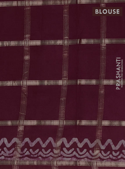 Semi chanderi saree wine shade with allover zari checks & batik prints in borderless style