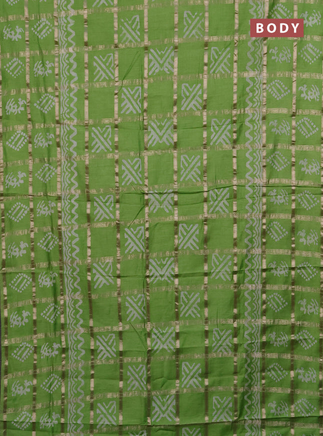 Semi chanderi saree parrot green with allover zari checks & batik prints in borderless style