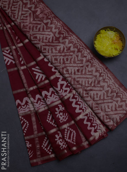 Semi chanderi saree maroon with allover zari checks & batik prints in borderless style