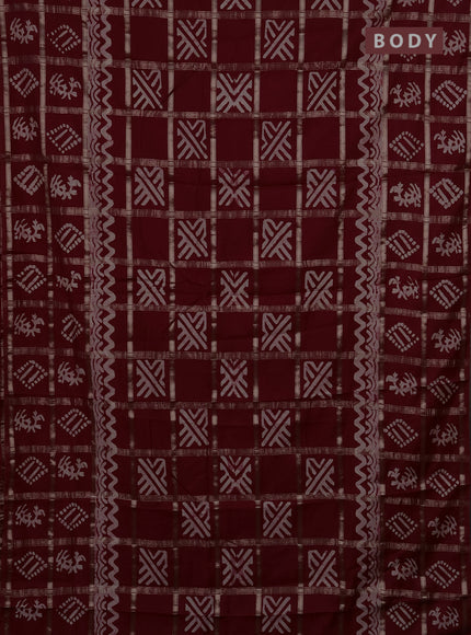 Semi chanderi saree maroon with allover zari checks & batik prints in borderless style