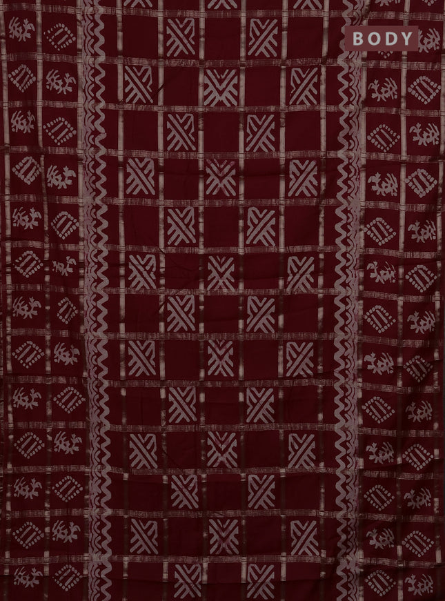 Semi chanderi saree maroon with allover zari checks & batik prints in borderless style