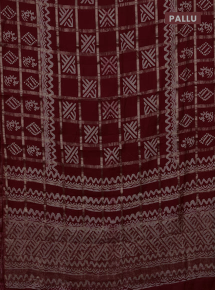 Semi chanderi saree maroon with allover zari checks & batik prints in borderless style