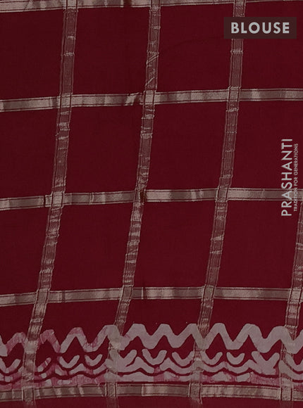 Semi chanderi saree maroon with allover zari checks & batik prints in borderless style
