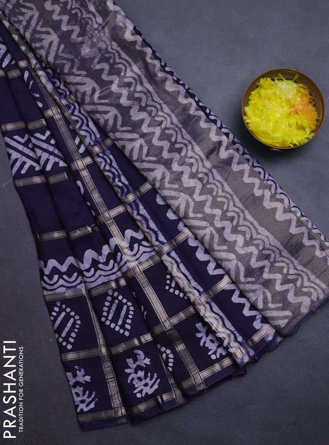 Semi chanderi saree navy blue with allover zari checks & batik prints in borderless style