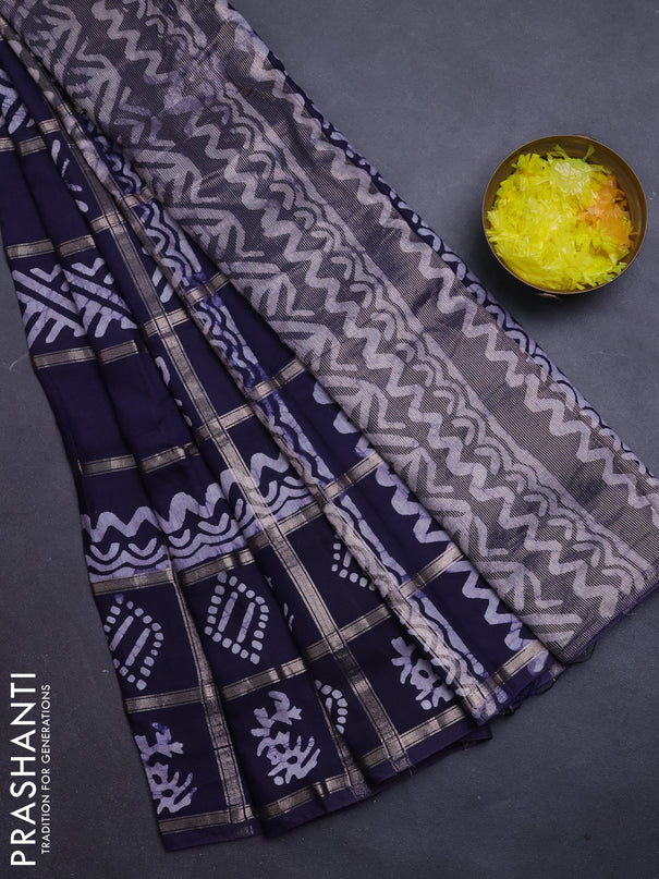 Semi chanderi saree navy blue with allover zari checks & batik prints in borderless style