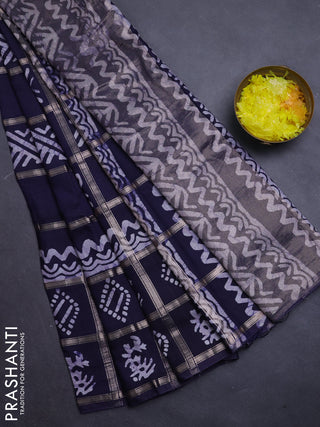 Semi chanderi saree navy blue with allover zari checks & batik prints in borderless style