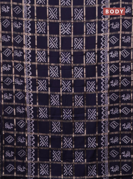 Semi chanderi saree navy blue with allover zari checks & batik prints in borderless style