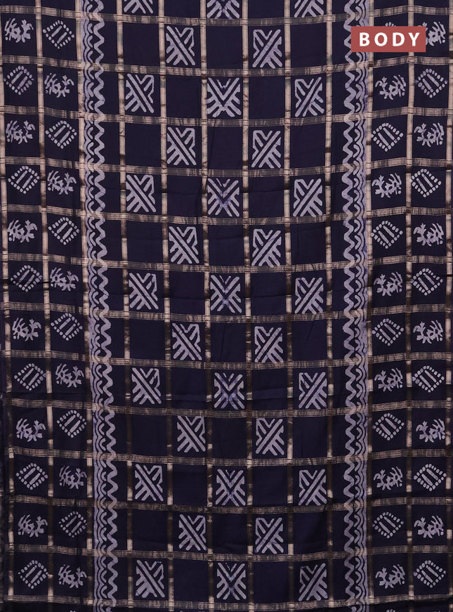 Semi chanderi saree navy blue with allover zari checks & batik prints in borderless style