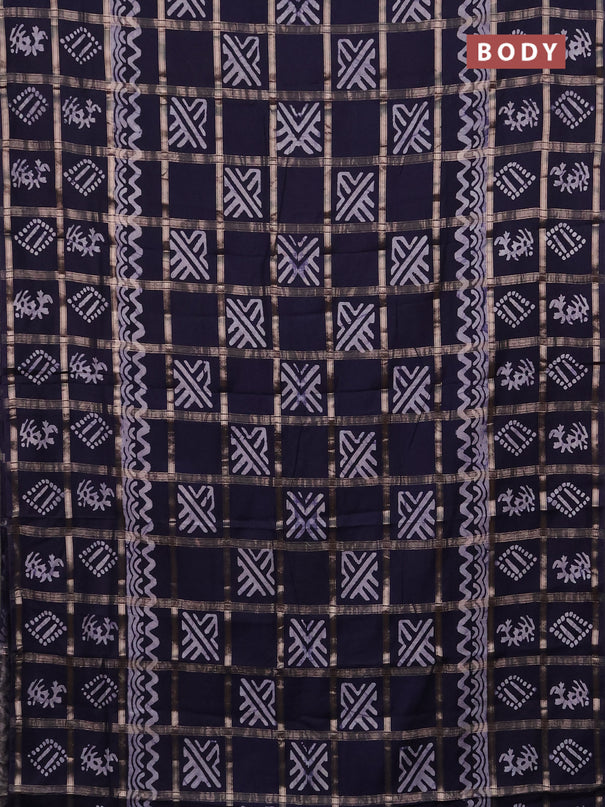 Semi chanderi saree navy blue with allover zari checks & batik prints in borderless style